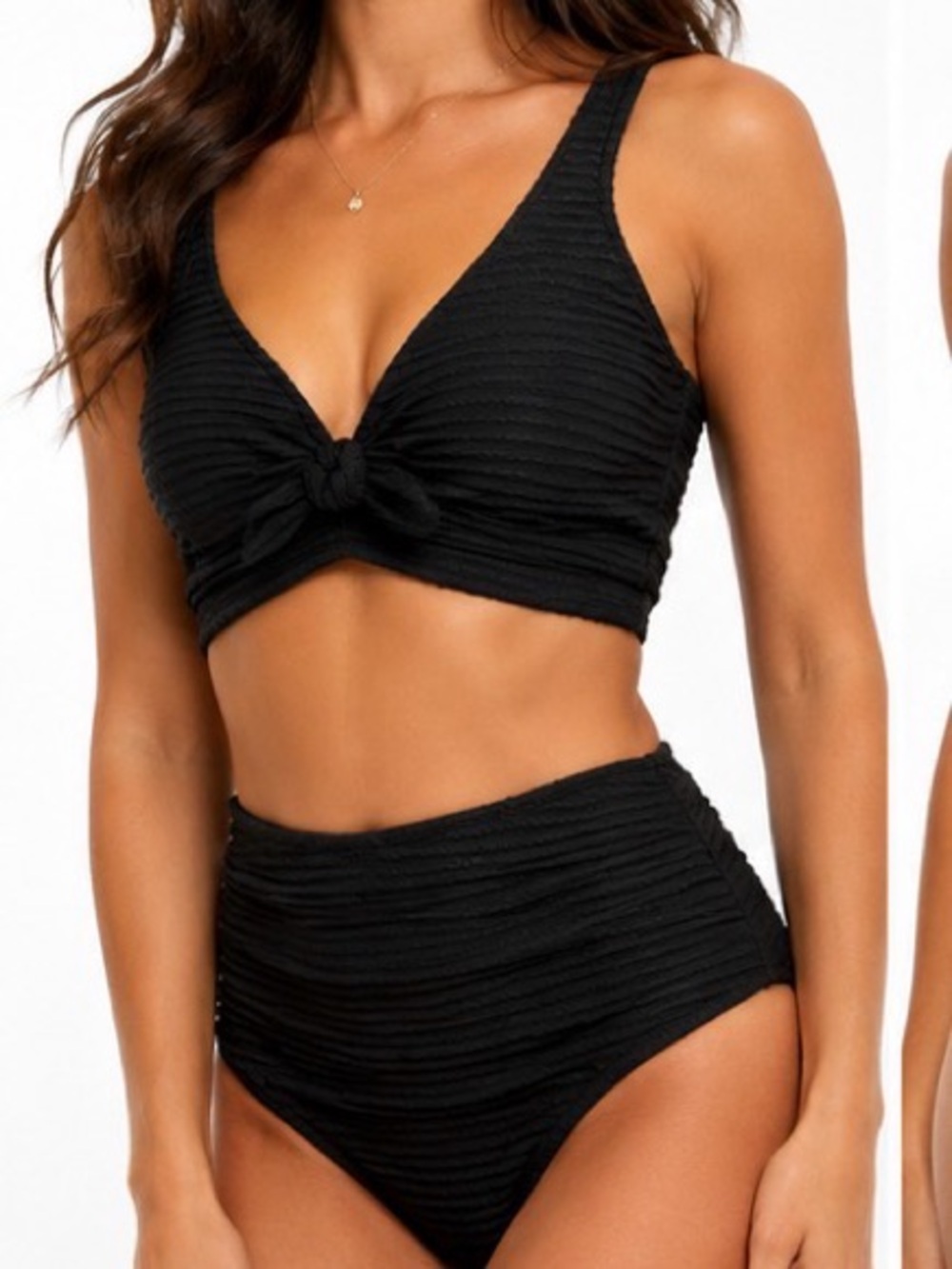 NWOT Black Textured High-Waist Bikini Size Medium Set Wide Strap w Knot
